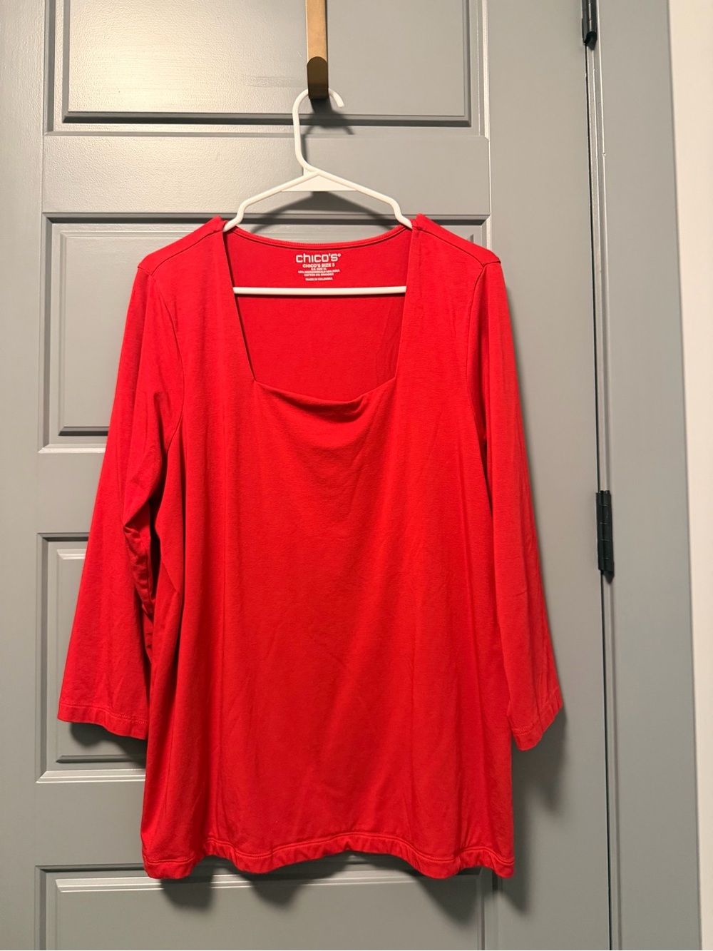 Chico's Touch of Cool Square Neck Tee Red Scoop Neck Long Sleeve Top XL